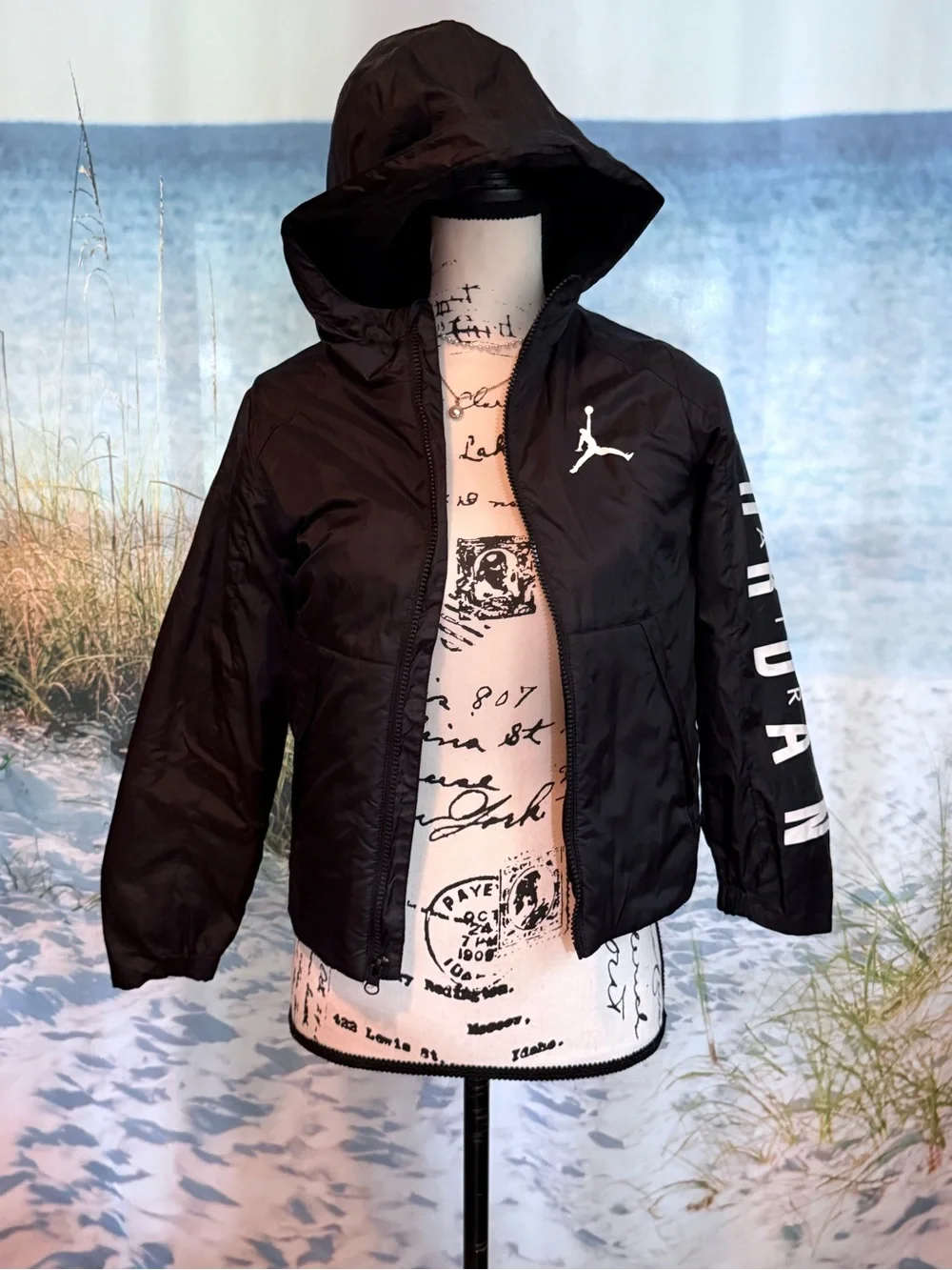 Jordan Black Hooded Puffer with White Logo for Kids